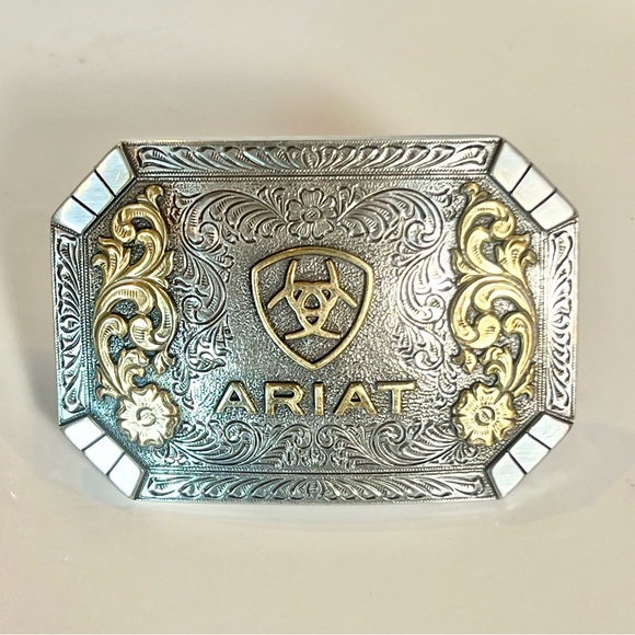 Ariat Silver with Gold Accent Scrolling Floral Logo Shield Rectangle BELT BUCKLE - Picture 5 of 6